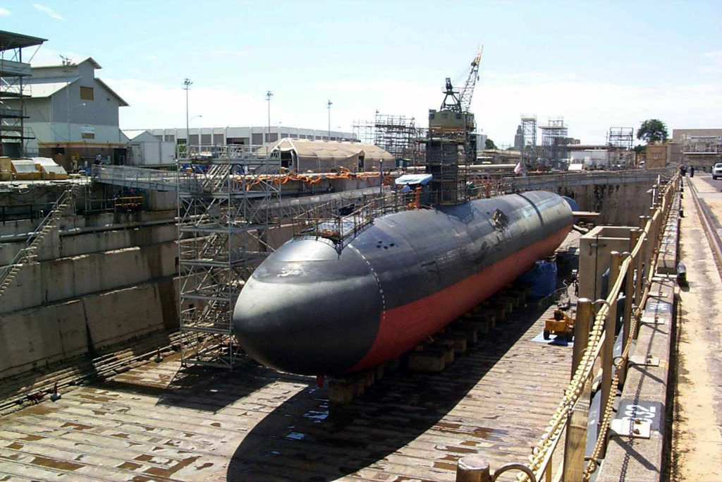 Nuclear submarine USS Greeneville (SSN-772) in drydock at Pearl Harbor on February 21, 2001